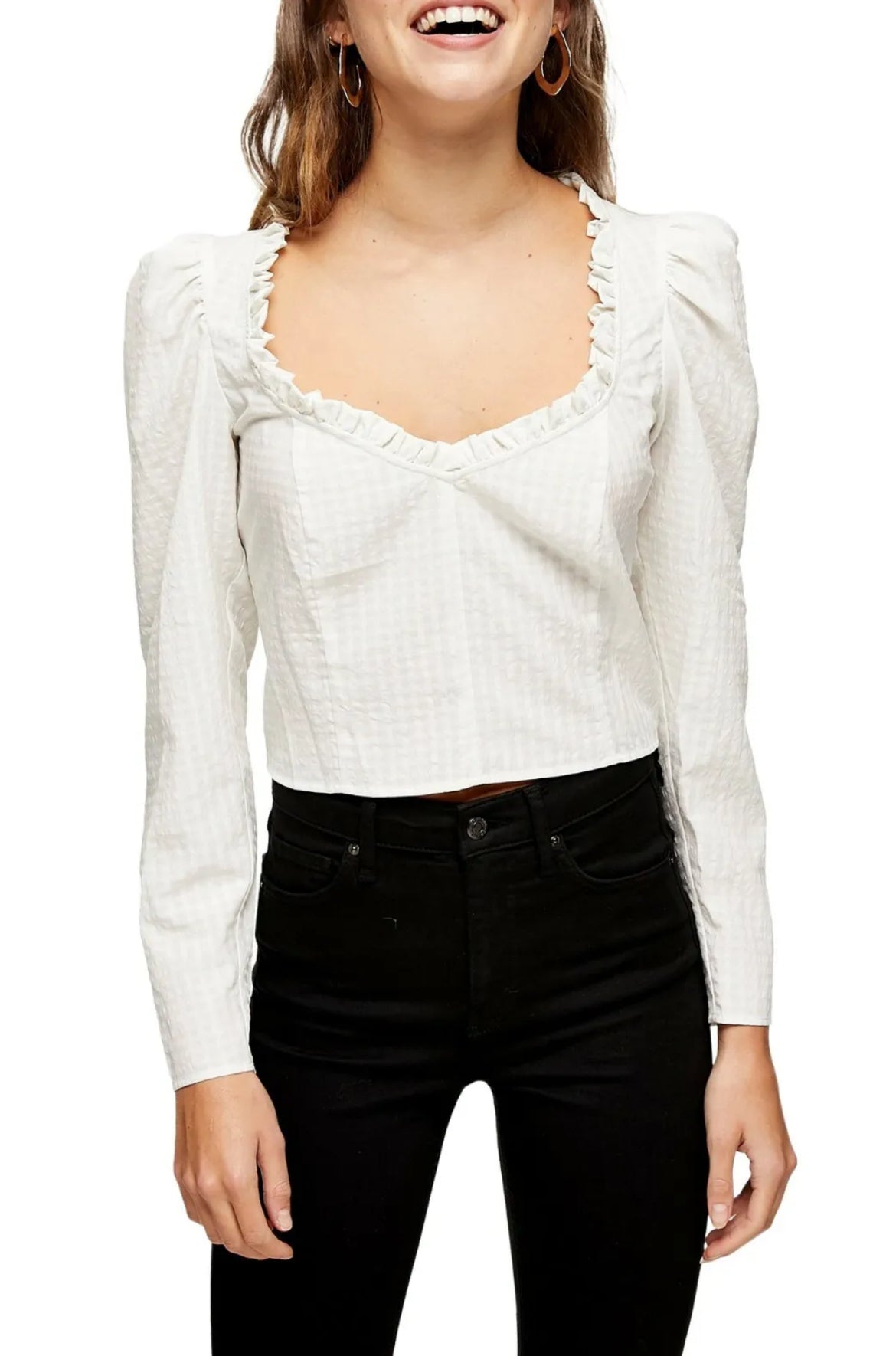 Topshop Gingham Puff Sleeve Top (6)